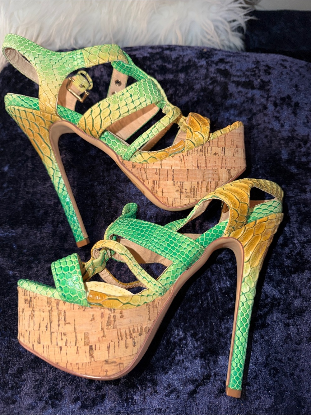 High Heel Platform Sandals in Green and Yellow - Women